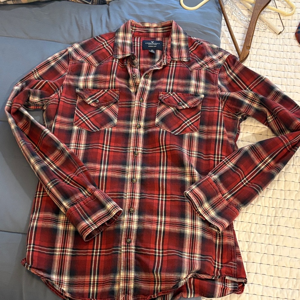 American Eagle Outfitters Red and Black Plaid snap western Shirt